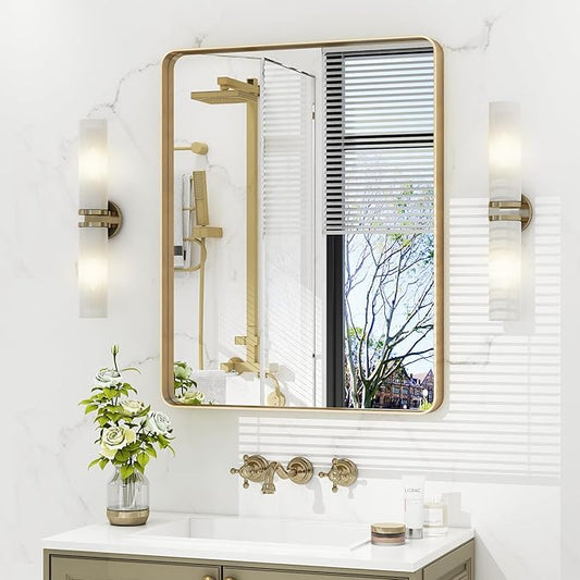 22x30 Inch Gold Framed Bathroom Mirror, Brushed Gold Metal Vanity Mirror, Rectangle Gold Mirror for Wall, Rounded Corner, Tempered Glass, Anti-Rust, Shatterproof (Horizontal/Vertical)