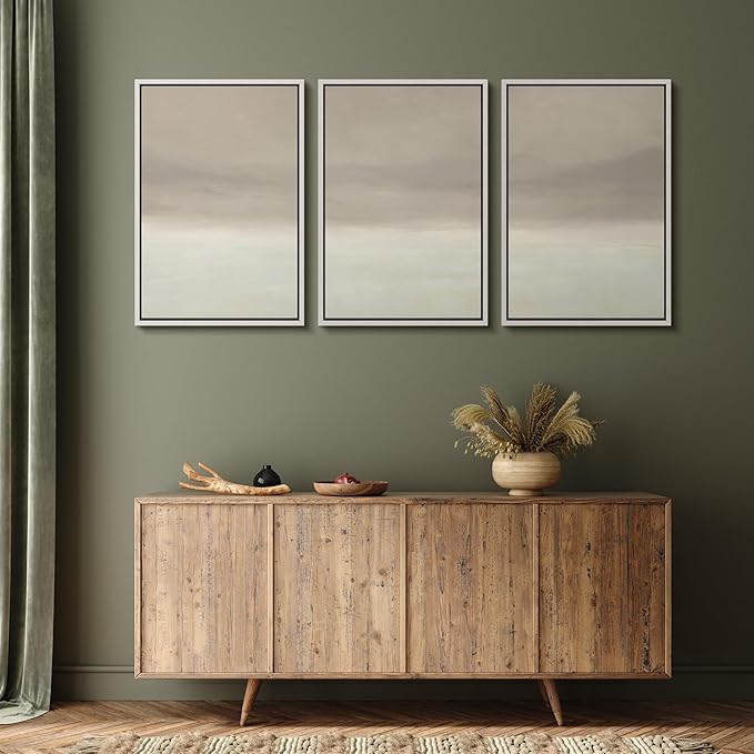 MUDECOR Framed Wall Art Print Set Misty Horizon Minimalist Foggy Mountain Landscape in Soft Neutral Tones Illustrations Realism Decorative for Living Room, Bedroom, Office - 16"x24"x3 White