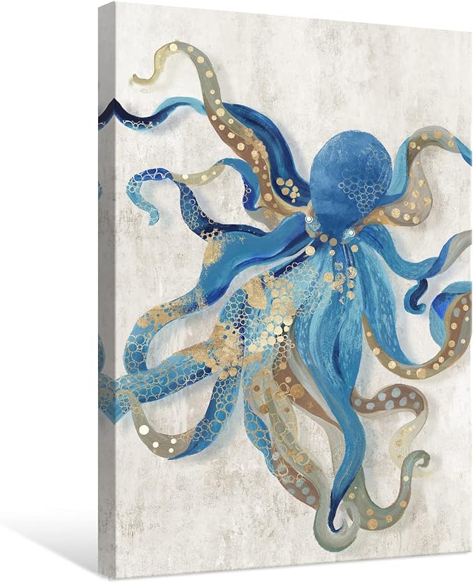 Octopus Canvas Wall Art Ocean Life Theme Painting Blue and Gold Sea Animal Picture Coastal Artwork Framed Octopus Picture For Bathroom Bedroom Livingroom Wall Decoration 24x36Inch