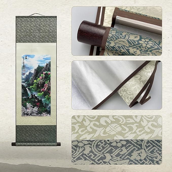 AtfArt Asian Wall Decor - Beautiful Silk Scroll Painting of Four Seasons Landscape - Summer, Autumn, Winter-Spring - Oriental Decor - Chinese Art - 36.2 x 12in (Spring)