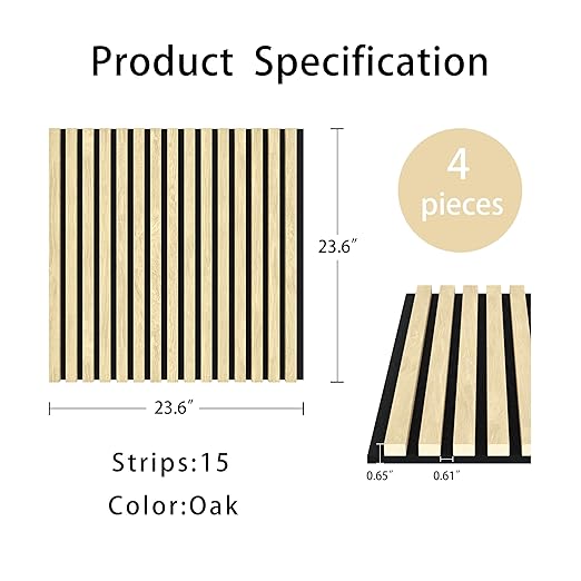 Casaphoria Acoustic Wall Panels, 4 PCS 23.6"x23.6", 3D Soundproof Wall Panels, Wood Slat Wall Panels for Home Office & Accent Walls, Oak