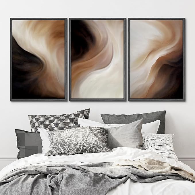 MUDECOR Framed Canvas Print Wall Art Abstract Neutral Brown and Beige Fluid Illustrations Realism Decorative for Living Room, Bedroom, Office - 16"x24"x3 Black