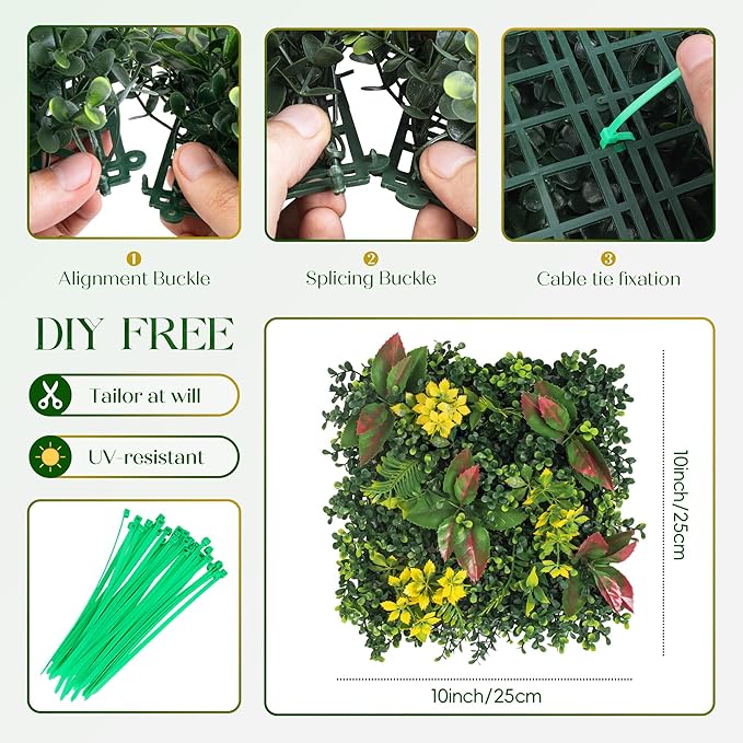 Artificial Grass Wall, 3D Grass Backdrop, Plant Backdrop with Zip Ties, Artificial Hedge Panels, Grass Wall Panels for Indoor & Outdoor Decoration, 10 * 10 Inch, 4 Pack