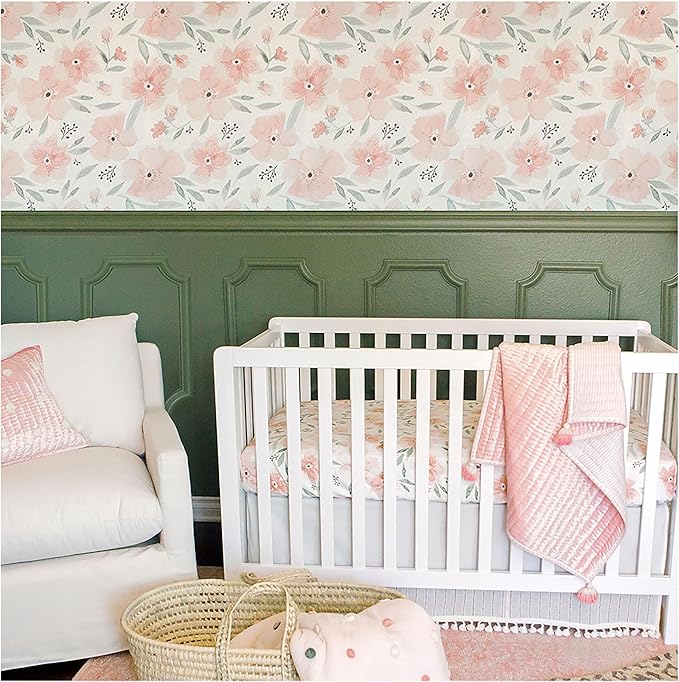 Crane Baby Floral Wallpaper for Nursery, Removable Wallpaper for Boys and Girls, Pink Floral, 20.87”w x 270" h