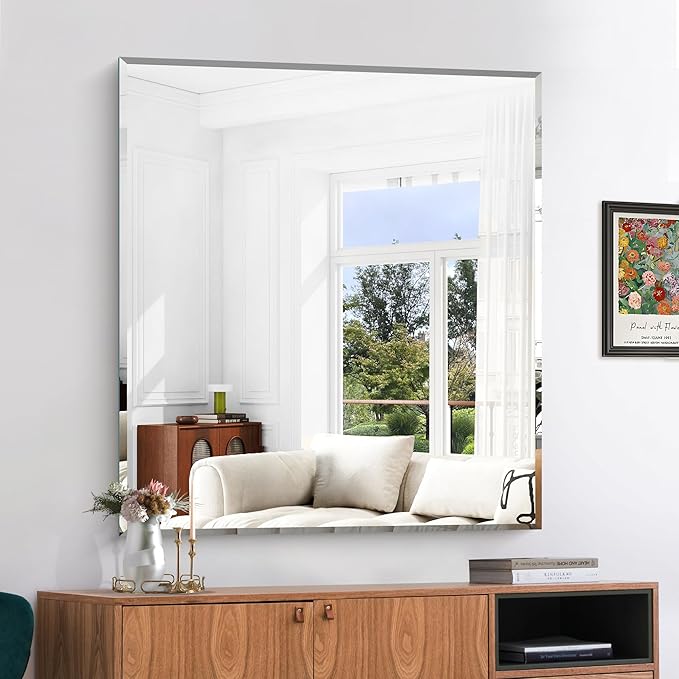KOCUUY Beveled Mirror, 40x36 Inch Large Frameless Bathroom Mirror for Over Sink, Upgraded Shatterproof Beveled Unframed Design Mirror for Bathroom, Bedroom, Hang Horizontal/Vertical