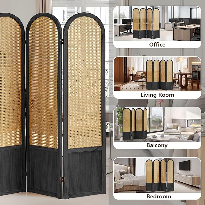 4 Panel Rattan Room Divier, Room Divider Panel and Folding Privacy Screens, Room Divider Wall, Solid Wood Frame, Partition Room Dividers, Bedroom, Dining Room, Lounge, Black