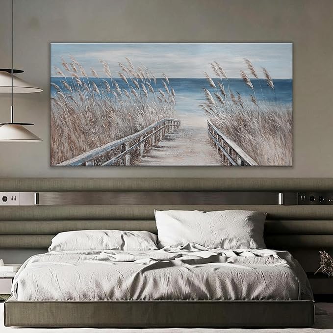 Canvas Wall Art Decor Large Modern Wall Art Decorations Blue Beach Coastal Artwork for Walls Textured Wall Art Prints Pictures Wall Decor Wall Art Bedroom 29"X58" For Room Living Room Office Decor
