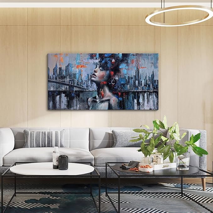 Navy Blue Abstract Wall Art Woman Picture for Living Room Modern Home Bedroom Decoration New York City Framed Cityscape Artwork Decor 24x48IN