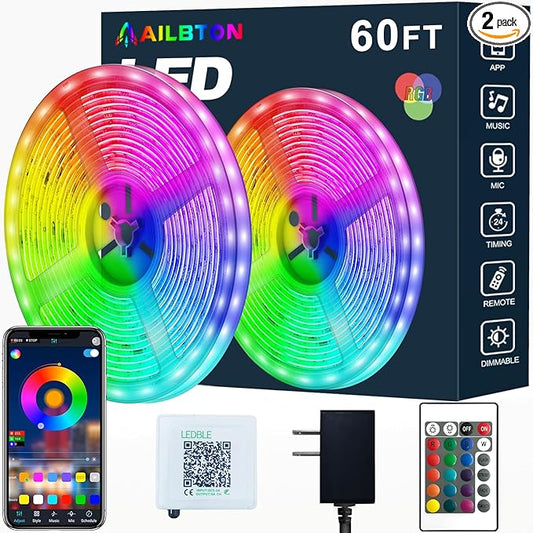 AILBTON Led Strip Lights,60ft Music Sync Color Changing, Built-in Mic,Bluetooth App Control LED Tape Lights with Remote,5050 RGB Rope Light Strips