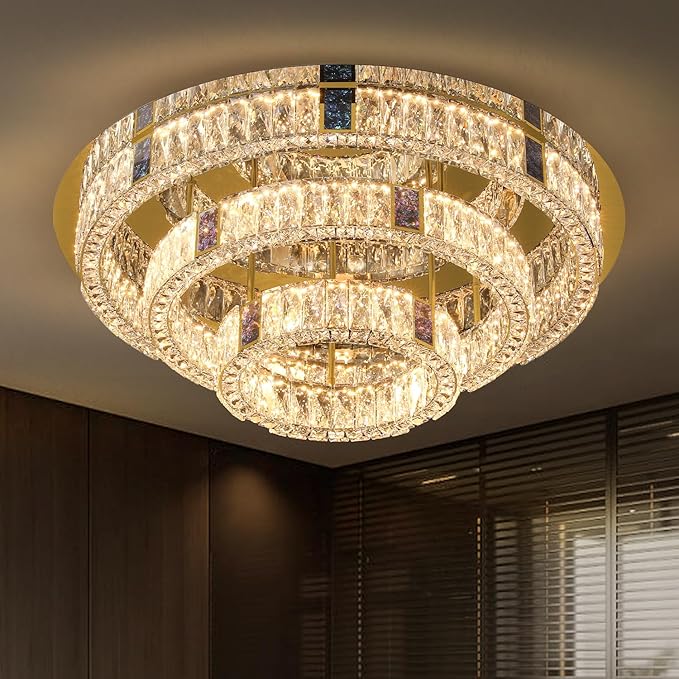 32in Flush Mount Crystal Chandelier Modern LED Gold Ceiling Light 3 Tier Crystal Chandelier for Living Room Dining Room Dimmable 3000k-6000k