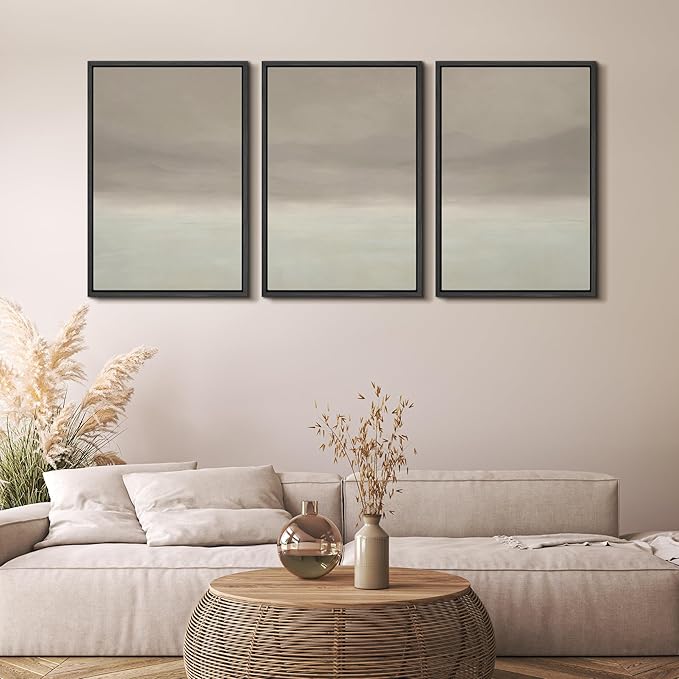 MUDECOR Framed Wall Art Print Set Misty Horizon Minimalist Foggy Mountain Landscape in Soft Neutral Tones Illustrations Realism Decorative for Living Room, Bedroom, Office - 16"x24"x3 Black