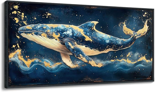 JEAWA Large Framed Canvas Wall Art - 24x48 IN Marine Animal Painting Wall Decor, Blue White Gold Whale Picture, Modern Art Prints for Living Room Bedroom Bathroom Home Decoration