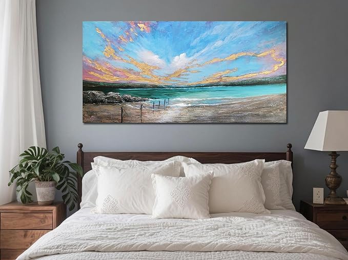 Arjun Ocean Teal Wall Art Canvas Coastal Beach Painting Blue Turquoise Landscape Sunset Picture, Panoramic Gold Foil Textured Large Artwork Framed for Living Room Bedroom Bathroom Wall Decor 48"x24"