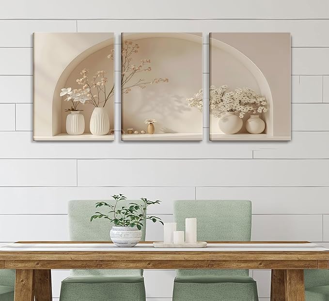 3pcs Framed Canvas Wall Art Arched Wabi Sabi Niche Textured Vases Dried Florals Posters Prints Pictures Paintings Minimalist Warm Beige Wall Decor for Bedroom Living Room Bohemian Decoration