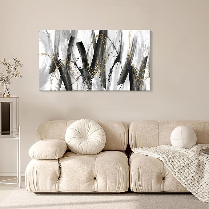 AJAZIKO Black and Gold Modern Wall Art - Large Abstract Wall Art Decor for Living Room, Bedroom, Office - Elegant Black and White Painting for Stylish Home Decor