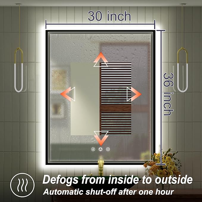 30x36 Inch Black LED Bathroom Mirror with Front and Back Lights, 3000K/4500K/6000K, Wall Mounted Framed Lighted Bathroom Vanity Mirror, Stepless Dimmable, Anti-Fog, Horizontal/Vertical