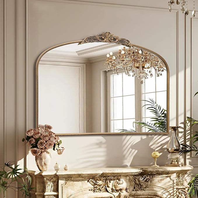 Micasso Large Vintage Gold Mirror: 48"x 33" French Baroque Antique Mirror - Traditional Ornate Decorative Wall Mounted Arched Mirrors for Wall/Mantel/Entryway/Hallway - Home Decor for Living Room
