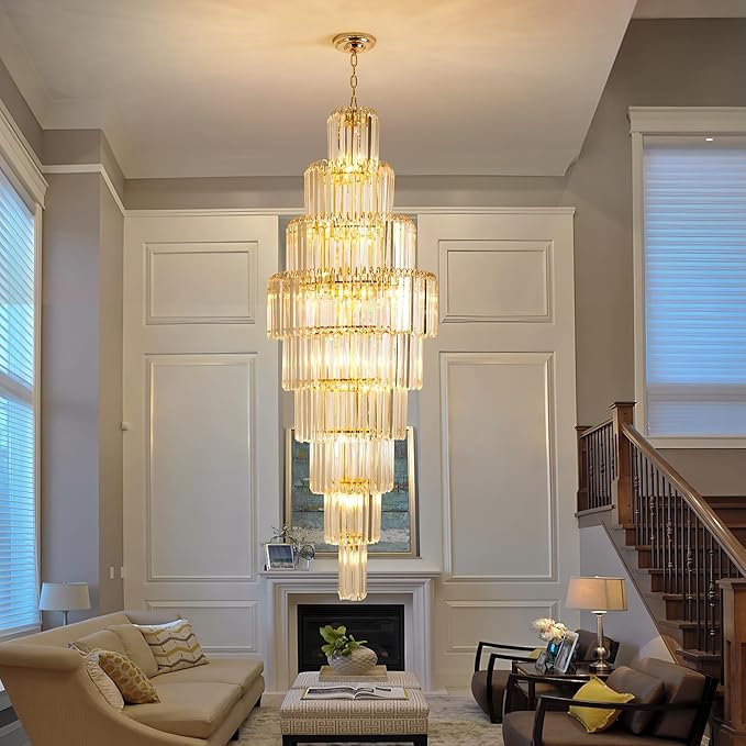 Luxury Modern Staircase Crystal Chandeliers Long 9-Tier Large Foyer Entrance Chandeliers for High Ceiling Light Fixture for Stairse Entryway Dia 23.7" - 20 Lights Gold
