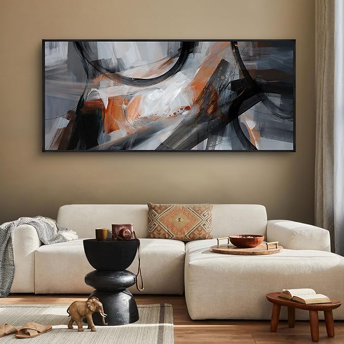 KLAKLA Wall Art for Living Room - Black and Orange Boho Abstract Canvas Framed Wall Decor Office Bedroom Art Modern Large Picture Artwork for Walls Prints Paintings Artwork 70x31 Inches