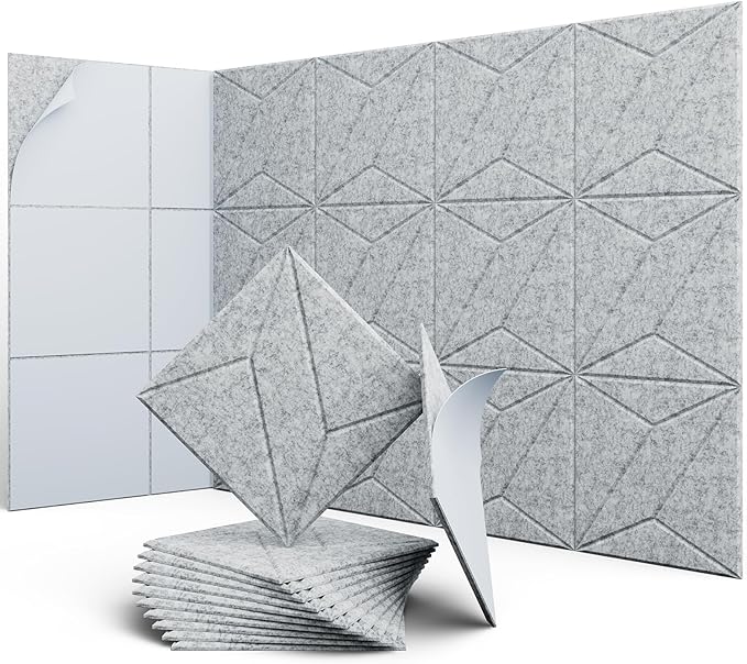 12 Pack 12" X 12" X 0.4" Acoustic Panels for Wall Sound Absorbing, P-Stripes Square Self-Adhesive Sound Panels, High Density Suitable for Multiple Scenarios(Silver Gray)