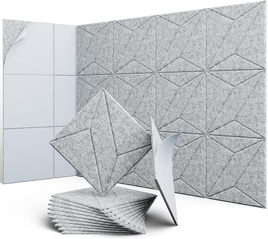 12 Pack 12" X 12" X 0.4" Acoustic Panels for Wall Sound Absorbing, P-Stripes Square Self-Adhesive Sound Panels, High Density Suitable for Multiple Scenarios(Silver Gray)