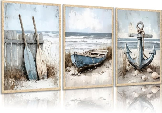 3Pcs Nautical Beach Wall Art Sailboat Paddle and Anchor Paintings Pictures Wall Decor Nautical Coastal Posters Prints Artwork for Living Room Bedroom Home Office Corridor Home Decroation Unframed