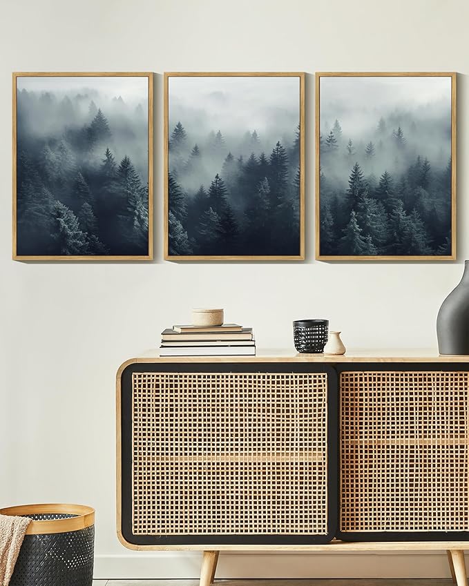 KUVIOKE Blue Fog Pine Tree Framed Wall Art Nature Nordic Forests Artwork Morden Painting Home Decor 11x14in (Natural Framed)