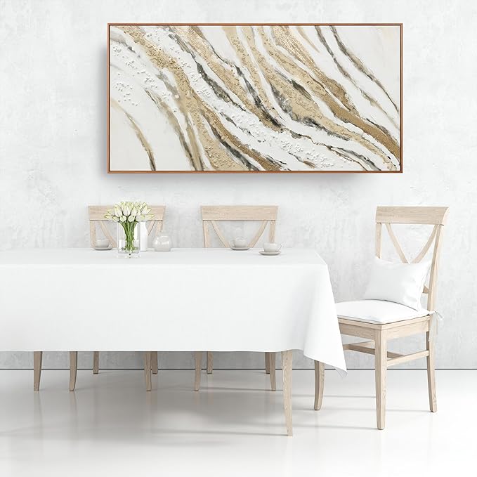 Abstract Canvas Wall Art Large Size Modern Art Paintings Abstract Painting With Golden And White Lines Minimalist Artwork Decor For Living Room Bedroom Corridor Framed 29" X 58"
