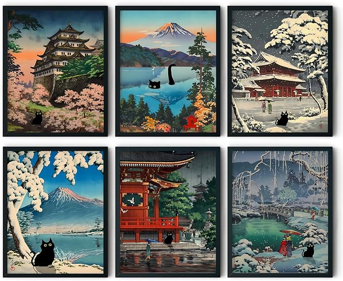 6 pcs Japanese Black Cat Wall Art Cute Japan Traditional Tsuchiya Koitsu Posters Prints Ukiyoe Japan Landscape Canvas Painting Vintage Colorful Japanese Pictures Wall Decor 8x10in Unframed