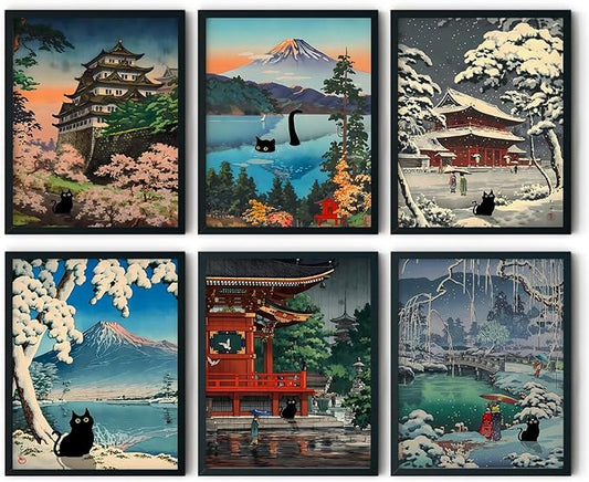 6 pcs Japanese Black Cat Wall Art Cute Japan Traditional Tsuchiya Koitsu Posters Prints Ukiyoe Japan Landscape Canvas Painting Vintage Colorful Japanese Pictures Wall Decor 12x16in Unframed