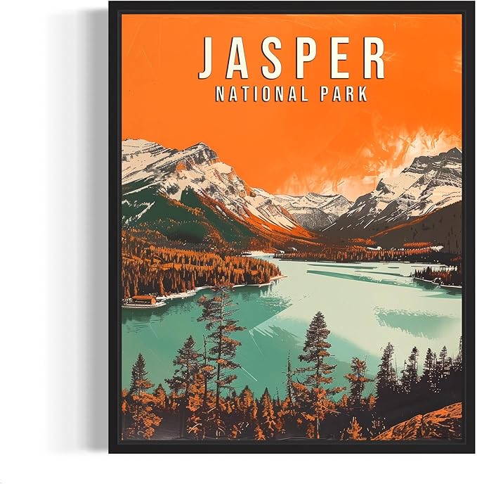 Jasper National Park Wall Art Poster Print, Vintage Retro Landscape Scenery Painting Artwork Travel Prints Decor Cityscape Landmarks Gallery 27 (Jasper National Park, 24 x 36 inches, Black Frame)