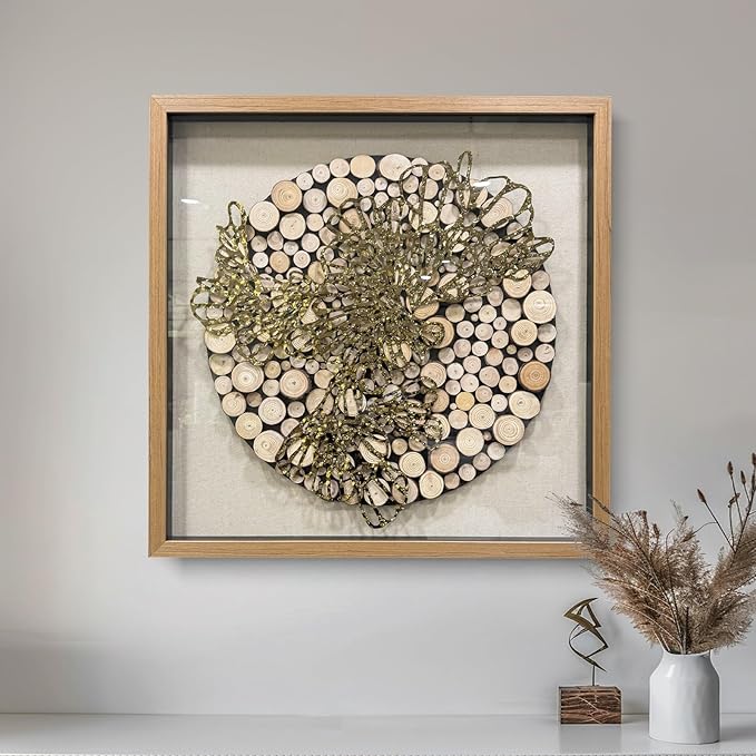 BrightA 3D Textured Wood Block Wall Art - Hand-Assembled Timber Base with Golden Vine Metal Accents, Tempered Glass & Solid Wood Frame Contemporary Decorfor Living Room Office 59"x59"