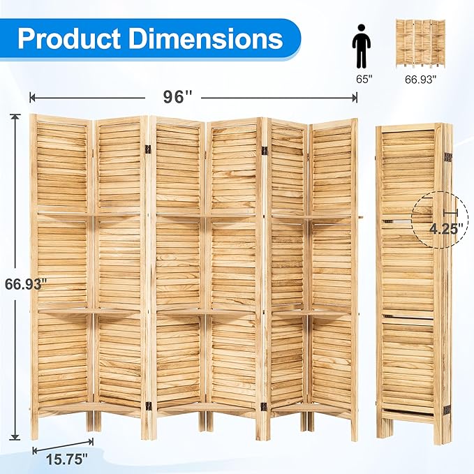 2 PCS Room Dividers 5.6FT Louvered Design 6 Panel Room Dividers with Display Shelves Folding Privacy Screens Portable Freestanding Partition Wall Dividers for Bedroom, Natural Wood