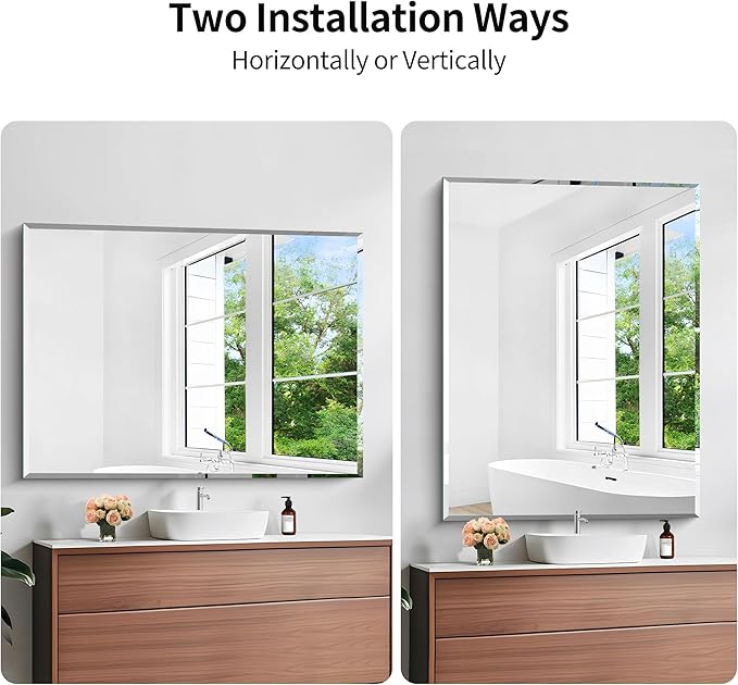 KOCUUY Beveled Mirror, 48x36 Inch Large Frameless Bathroom Mirror for Over Sink, Upgraded Shatterproof Beveled Unframed Design Mirror for Bathroom, Bedroom, Hang Horizontal/Vertical
