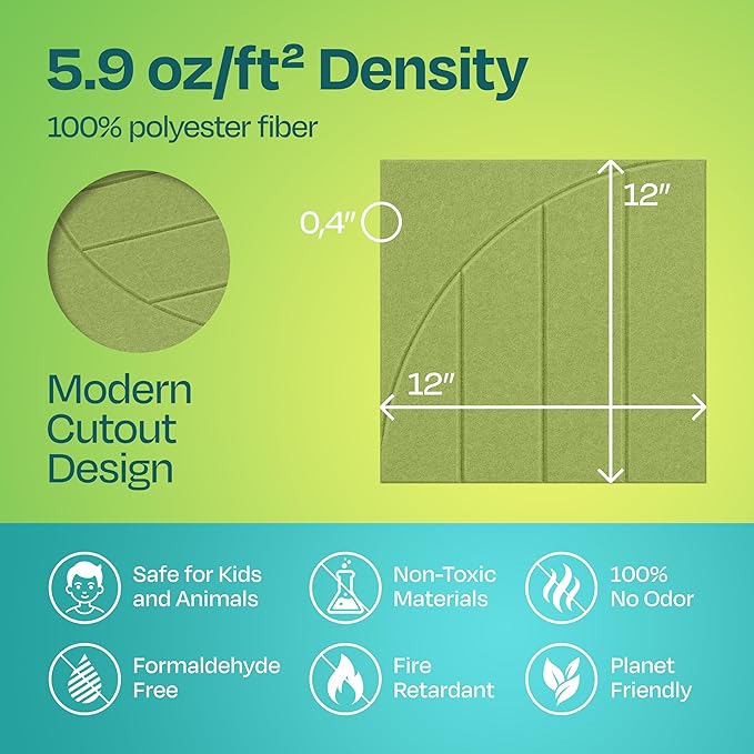Acoustic Panels 12-Pack Soundproof Wall Panels 12"x12"x0.4" Decorative Sound Dampening for Your Home, Office, Studio, Bedroom & More with Unique ModuArc Carving [Gin Green]