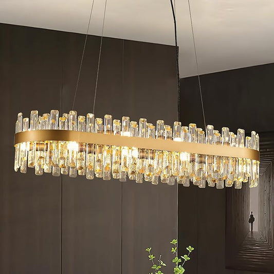 39" Modern Gold Rectangle Crystal Chandelier Light Fixtures for Kitchen Island Luxury Linear Crystal Chandeliers for Dining Room 16-Light Long Hanging Pendant Lighting for Entryway Foyer Bar