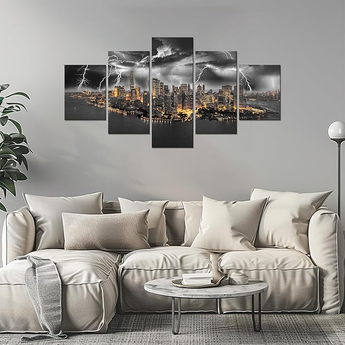 Cawpom Black and White New York Wall Art Manhattan Panoramic Wall Decor Nature Lightning Strikes Picture Canvas Print Storm Cityscape Painting Poster Frame Home Living Room Decoration(60x32 inches)