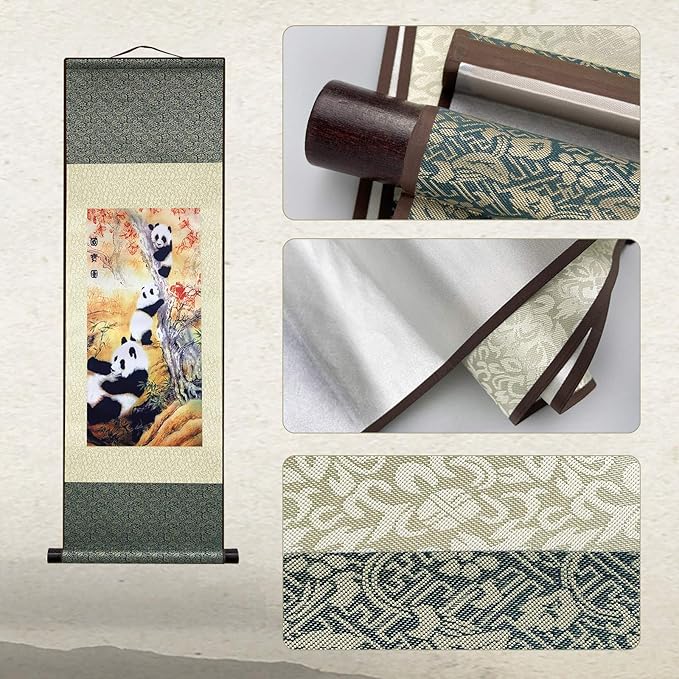 AtfArt Asian Wall Decor Beautiful Silk Scroll Painting National Treasure Chinese Panda Oriental Decor Chinese Art Wall Scroll Wall Hanging Painting Scroll (39 x 12 in)