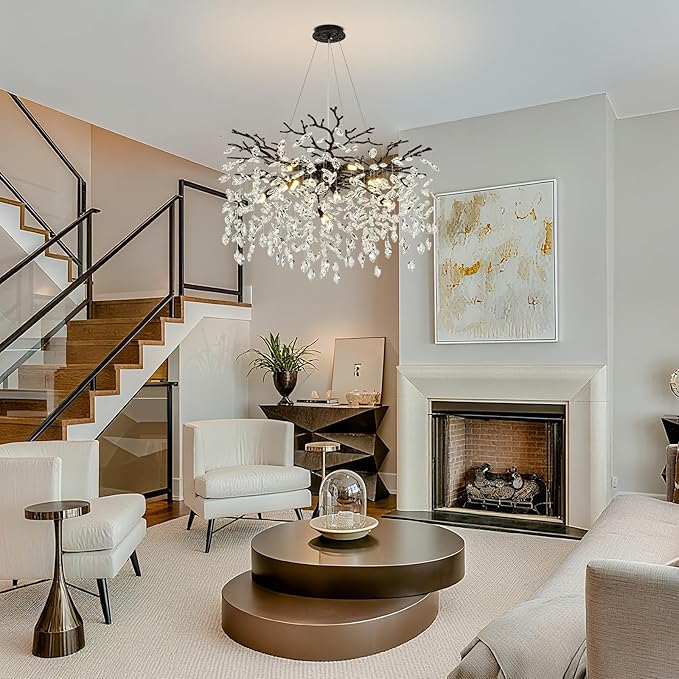 Modern Tree Branch Black Crystal Chandelier，Contemporary 10-Light Pendant Lighting with K9 Clear Crystal 31.5" Luxury Farmhouse Chandeliers for Church Living Room Kitchen Bedroom