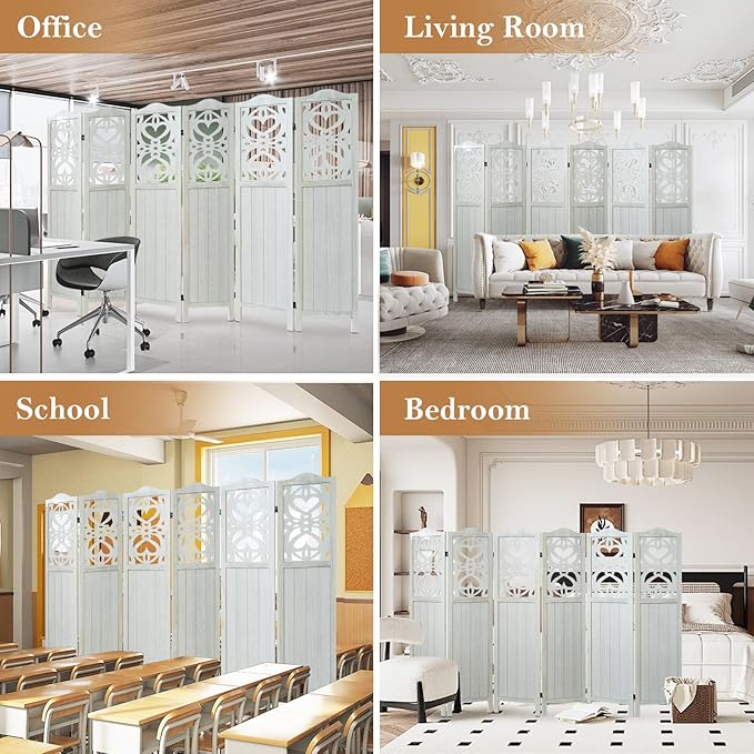 6 Panel Wood Room Divider 5.6Ft Carved Room Divider and Folding Privacy Screen, Minimalism Portable Partition Screen Divider for Room Separation, Room Decoration for Home Office - White