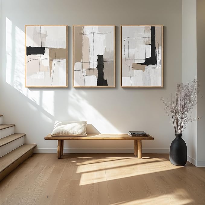 Large Framed Neutral Abstract Wall Art for Living Room, Set of 3 Modern Black and White Beige Canvas Prints Paintings Artwork for Walls, Minimalist Pictures for Bedroom Hallway Wall Decor 24x36 In