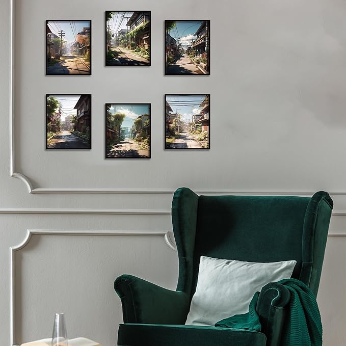 Luodroduo Japanese Wall Art Set of 6 Japan Rural Architecture Abstract Scenery Illustration Wall Decor Countryside Streets Canvas Art Poster for Living Room Bedroom Wall Art (D, 11"x14" UNFRAMED)