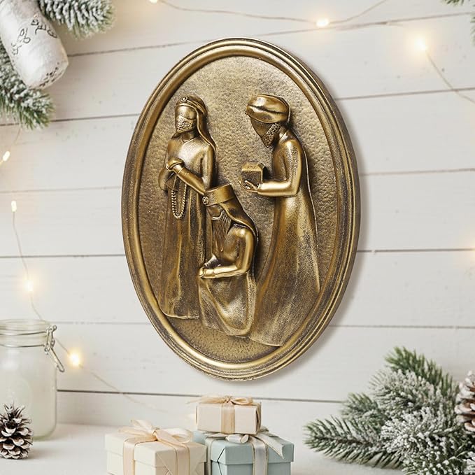 Antique Wall Decor Oval with 3D Three Wise Men for Holy Family, Framed Gold Vintage Wall Art Nativity Set Christian Christmas Decorations For Living Room Bedroom Hallway