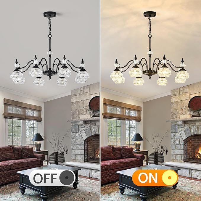 30-Inch Vintage Black Crystal Chandelier for Dining Room, 8-Light Antique Victorian Chandelier Modern Farmhouse Hanging Light Fixtures for Kitchen Island Living Room Bedroom