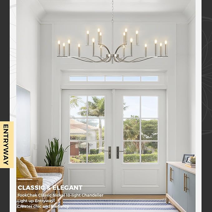 18 Light Nickel Living Room Chandelier High Ceiling Foyer Candle Chandelier Large Modern 59in Metal Chandeliers Hanging Light for Master Bedroom Dining Room Light Fixture Over Table