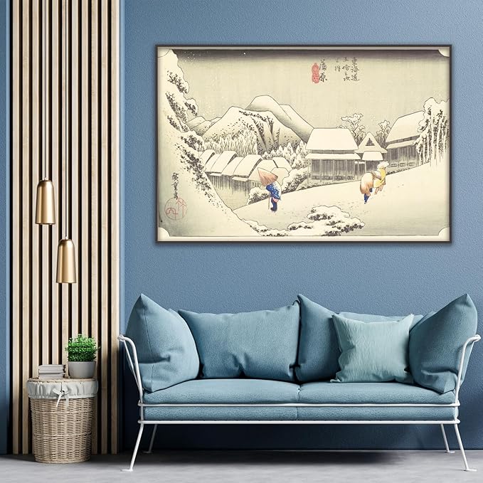 OKRA A Snowy Evening at Kambara Station Poster by Utagawa Hiroshige Canvas Art Print - Traditional Japanese Painting Snow Pictures Landscape Wall Decor for Kitchen Bedroom Unframed(12×16in/30×40cm)