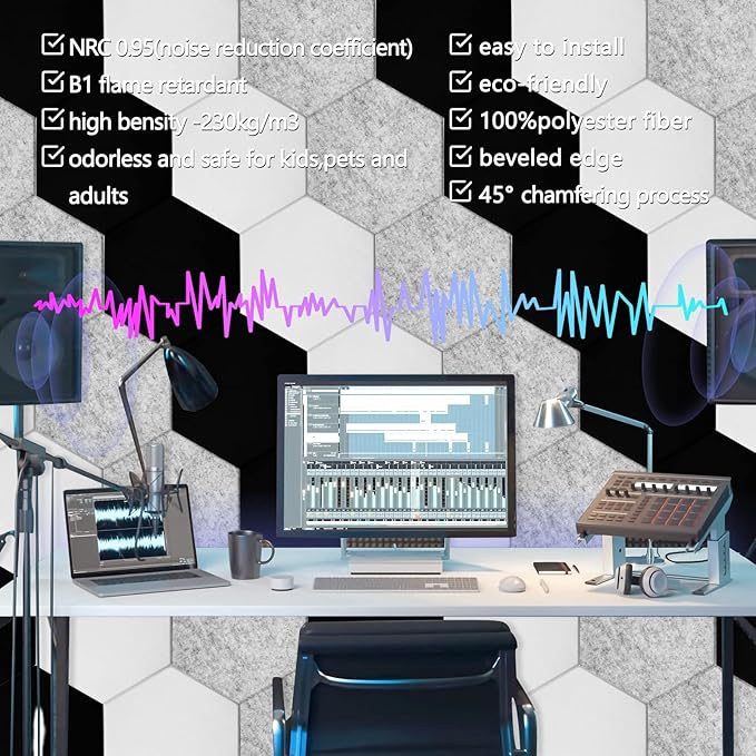 18 Pack Acoustic Panels-12"X10"X 0.4" Self-Adhesive Soundproof Wall Panels High-Density Sound Absorbing Panel Acoustic Treatment Panel Used in Home & Offices （Black Hexagon）