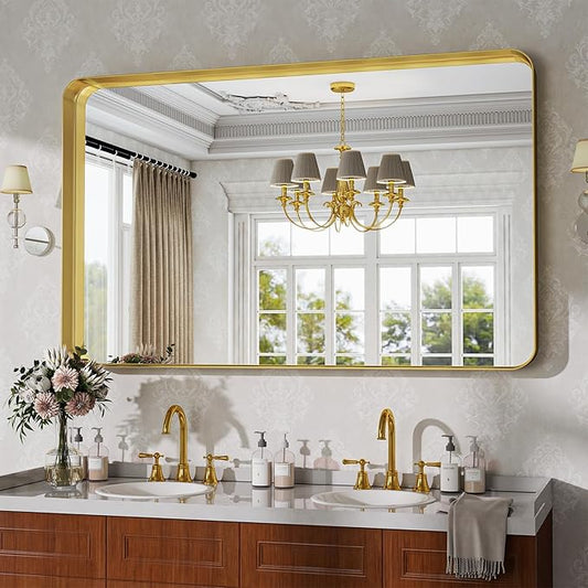 Bathroom Mirror Vanity for Over Sink Wall Mirror - 30x48 Inch Rounded Corner Rectangle Aluminum Frame Mirror,Hangs Horizontally or Vertically for Living Room Bedroom or Entryway Gold