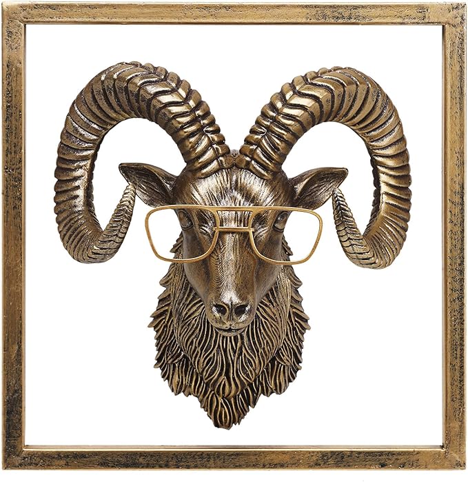 JJALIGHTS Animal Heads Wall Decor Resin Animals Sculptures Head Wall Hanging Decoration Imitation Copper vintage Wall Sculpture for Living Room Bedroom Office(Bighorn,Includes Metal Frame)