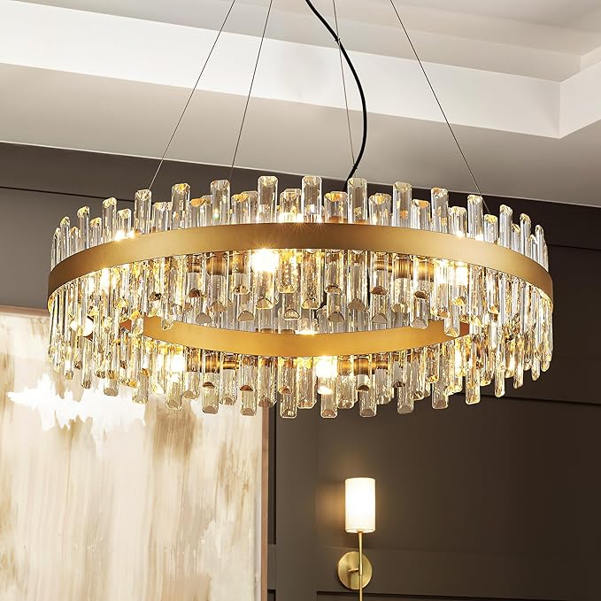 31.9" Gold Modern Crystal Chandelier Light Fixtures Luxury 2 Rings Crystal Chandeliers for Dining Room 16-Light Round Hanging Pendant Lighting for Living Room Kitchen Island Entryway Bedroom